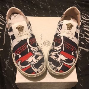 Versace Kids Slip-On Sneakers Red Black White with Gold Medusa Detail